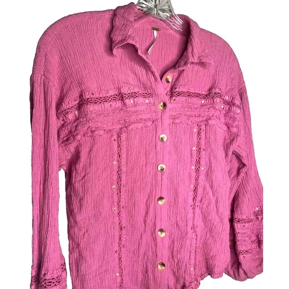 Free People Summer Stars gauzy Pink Boho blouse Size Small Cotton Crochet button - Picture 2 of 7
